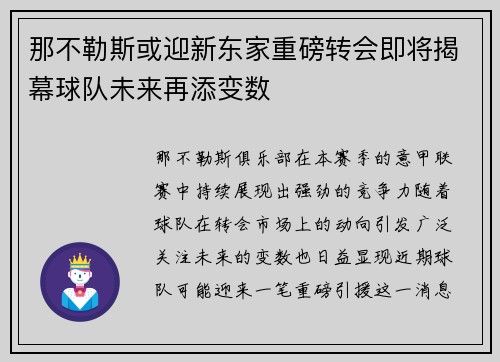 那不勒斯或迎新东家重磅转会即将揭幕球队未来再添变数
