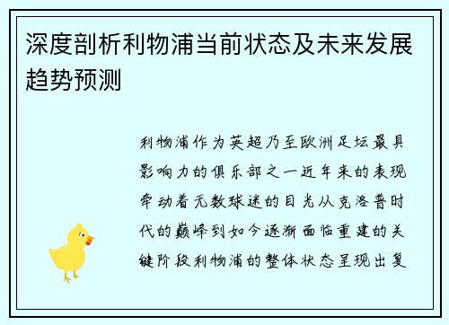 深度剖析利物浦当前状态及未来发展趋势预测