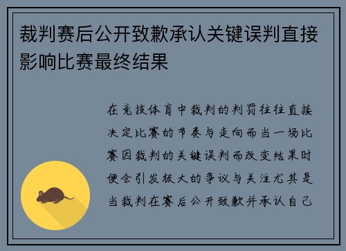 裁判赛后公开致歉承认关键误判直接影响比赛最终结果 裁判赛后公开致歉承认关键误判直接影响比赛最终结果