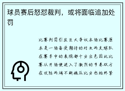 球员赛后怒怼裁判，或将面临追加处罚
